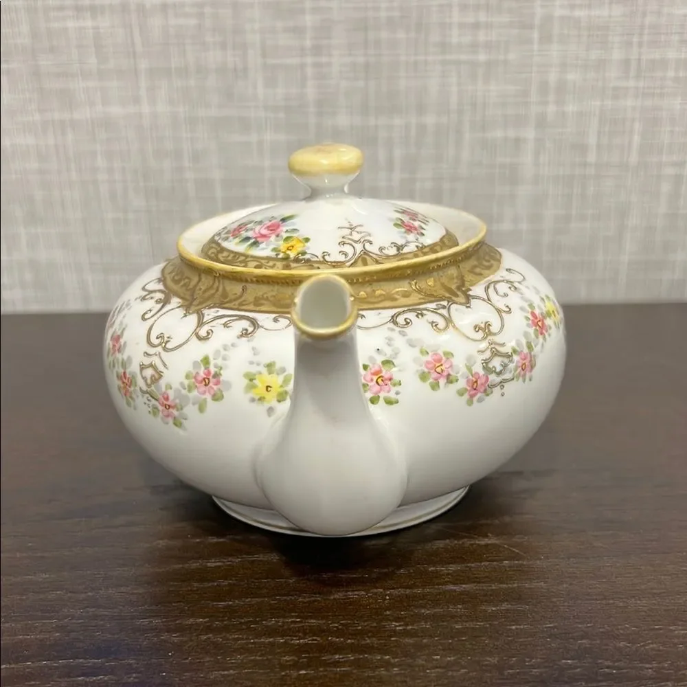 Antique Noritake Nippon Maple Leaf Teapot 1891 Hand Painted Gold Pink Roses